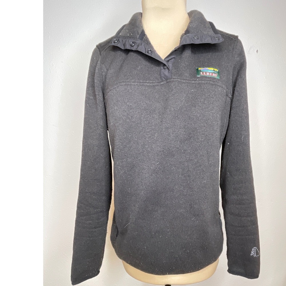LL Bean Womens Sweater Fleece Pullover Snap Closure Size S Black Gorpcore Cabin